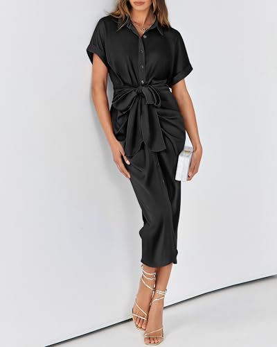 BTFBM Dresses for Women Summer Button Short Sleeve Silk Satin Ruched Spring Maxi Dress 2026 Cocktail Party Wedding(Black, Large)