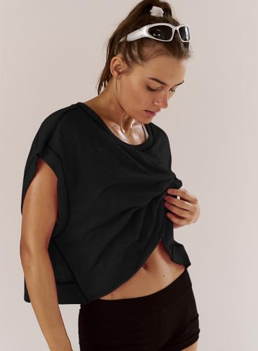 Kumufenc Women Short Sleeve Workout Shirts Open Back Tops Casual Yoga Y2k Athletic Gym Slouchy Crop Running Tees(Black,M)
