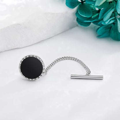 Black Onyx Tie Tack for Men Tie Pin with Chain for Wedding Birthday Anniversary Party Gifts for Men