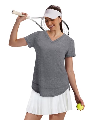 Summer Tops for Women 2026 Short Sleeve Workout Clothes Athletic Shirts Pilates Outfits Camisetas Deportivas para Mujer V Neck Grey L