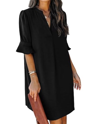QACOHU Black Dresses for Women Summer V Neck Casual Tunic Loose Flowy Swing Shift Dress Black XL