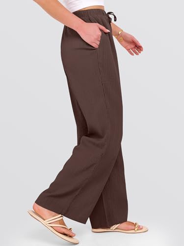 ANRABESS Women's Wide Leg Beach Pants Elastic Waist Lightweight Casual Flowy Palazzo Lounge Trousers with Pockets Brown Large