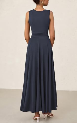 PRETTYGARDEN Womens Spring Dresses 2026 Casual Sleeveless Crewneck Aline Maxi Dress Stretch Tank Flowy Long Dresses (Navy, Small)