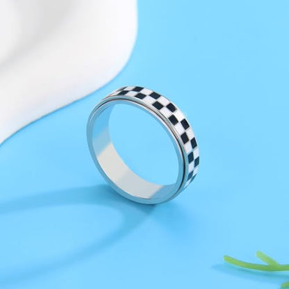 Checkered Fidget Ring for Adults - 18K Gold Plated Stainless Steel Rotating Spinner Jewelry, Anxiety & Stress Relief Gift for Women/Men (Black and White Pattern) (Checkerboard Ring_Silver, size 9)