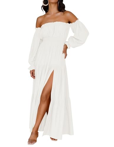 ZESICA Women's Boho Off Shoulder Spring Long Sleeve Dress 2026 High Waist Side Split Sexy Flowy A Line Long Maxi Dresses White Medium