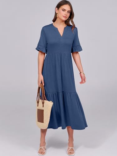ANRABESS Womens Summer Maxi Dresses Casual Ruffle Short Sleeve V Neck Flowy Tiered 2026 Spring T Shirts Beach Boho Dress Blue Medium
