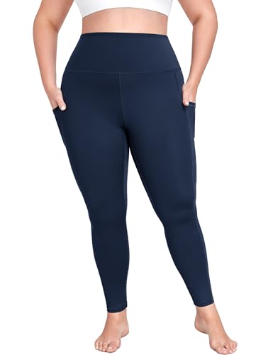 MEJING Plus Size Navy Blue Leggings for Curvy Women with Pockets, High Waist Yoga Pants Tummy Control, Stretch Workout Leggings, Soft Activewear 3XL