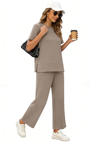 XIEERDUO Women Plus Size Lounge Sets 2 Piece Summer Outfits Spring Short Sleeve Loungewear Wide Leg Tracksuits Travel Cruise Wear Airport Track Suits Vacation Clothes Matching Clothing Khaki 3XL