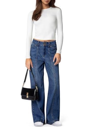 Sidefeel Womens Wide Leg Jeans High Waisted Straight Leg Stretchy Jeans Trendy Seamed Front Loose Denim Pants Blue Size 12