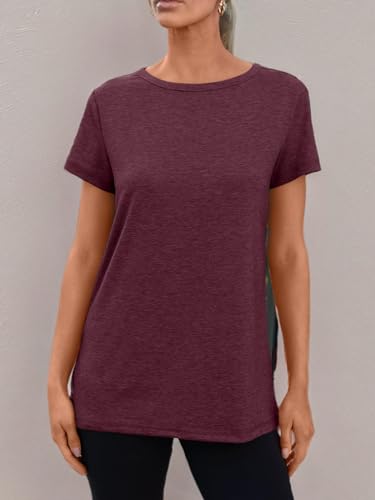 AUTOMET Women's Soft Basic Short Sleeve T-Shirt, Round Neck Tops Summer Casual Tee for Spring Shirts Clothes Everyday Wear 02winered L