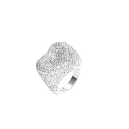 Gryvox Heart Shaped Moissanite Ring with Full Pavé Setting, Unisex Hip Hop Band with Comfort Fit, Romantic Gift for Couples and Lovers (White,7)