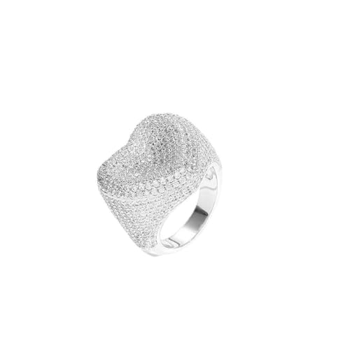 Gryvox Heart Shaped Moissanite Ring with Full Pavé Setting, Unisex Hip Hop Band with Comfort Fit, Romantic Gift for Couples and Lovers (White,7)