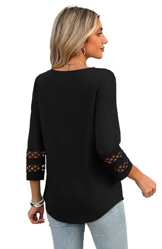 Blouses for Women Dressy Casual 3/4 Length Sleeve Womens Tops V Neck Tshirts Summer Beach Vacation Clothes Fashion Black L