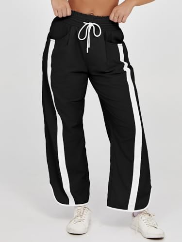 Fisoew Women's Baggy Wide Leg Pants Casual Drawstring Elastic Waisted Contrast Color Workout Y2K Track Pants Black