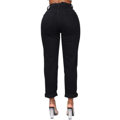 Mom Jeans - SheKiss Boyfriend Stretchy Jeans for Women Distressed Frayed High Waisted Trendy Denim Blue Jeans