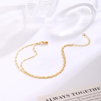MIDEEO Gold/Silver Ankle Bracelets for Women,14K Gold Anklets for Women Waterproof Cuban Link Heart Beads Herringbone Rhinestone Anklets Set Layered Anklet Bracelets Gold Jewelry Gift