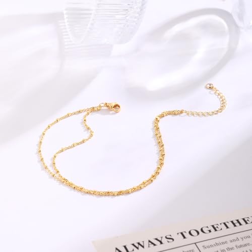 MIDEEO Gold/Silver Ankle Bracelets for Women,14K Gold Anklets for Women Waterproof Cuban Link Heart Beads Herringbone Rhinestone Anklets Set Layered Anklet Bracelets Gold Jewelry Gift