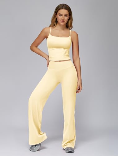 ABOCIW Workout Sets for Women 2 Piece Spaghetti Straps Crop Tank Top with Built in Pads Matching Wide Straight Leg Yoga Pants Leggings Pilates Outfits Gym Activewear Light Yellow X-Small