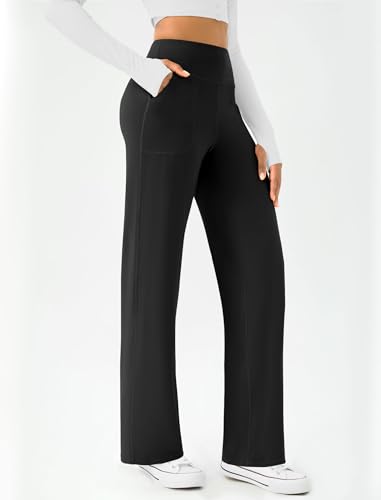 DLOODA Womens Wide Leg Yoga Pants Casual Work Dress Pants Lounge Sweatpants High Waist Comfy Loose Trousers with Pockets Black
