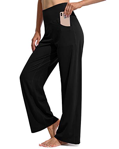 Promover Petite Wide Leg Black Pants for Women Stretchy Yoga Pants with Pockets High Waist Dress Work Pants(Black,M,29")