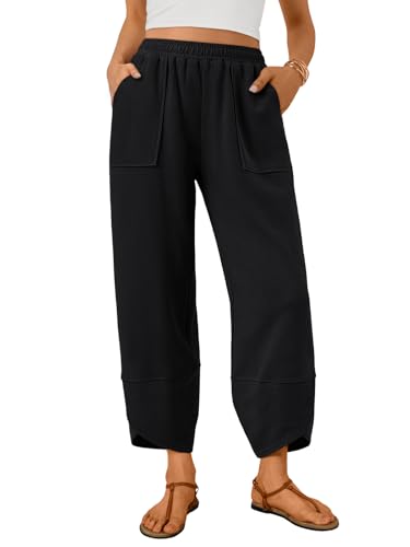 Trendy Queen Women's Wide Leg Pants, Soft Cotton Blend with Pockets for Casual Summer Black XL