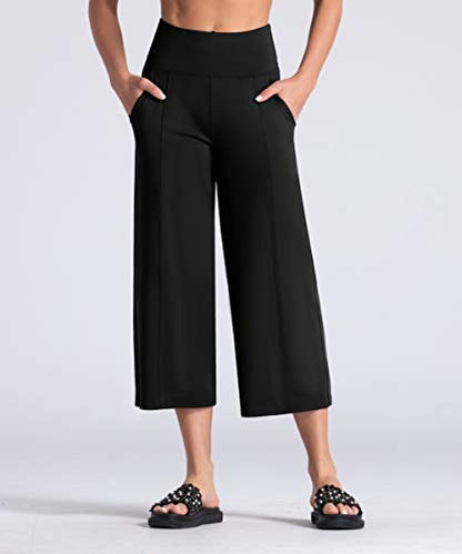 THE GYM PEOPLE Bootleg Yoga Capris Pants for Women Tummy Control High Waist Workout Flare Crop Pants with Pockets (Large, Black)