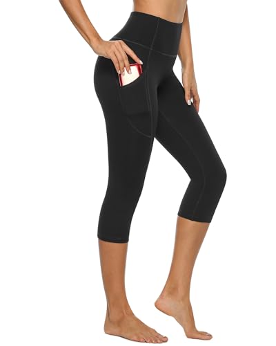 Stelle Womens High Waisted Legging Yoga Pants with Pockets for Workout(Black,L)