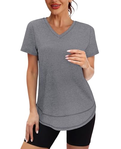 Summer Tops for Women 2026 Short Sleeve Workout Clothes Athletic Shirts Pilates Outfits Camisetas Deportivas para Mujer V Neck Grey L