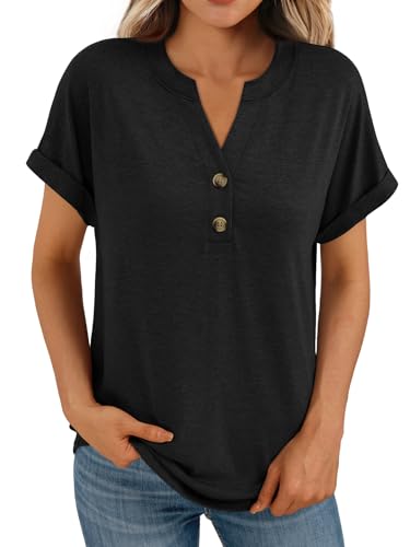 AUTOMET Women's Short Sleeve Shirts Henley Dressy Casual Summer Tops 2026 Spring Fashion Blouses Trendy Cute T-Shirts Business Work Outfits Clothes Black XL