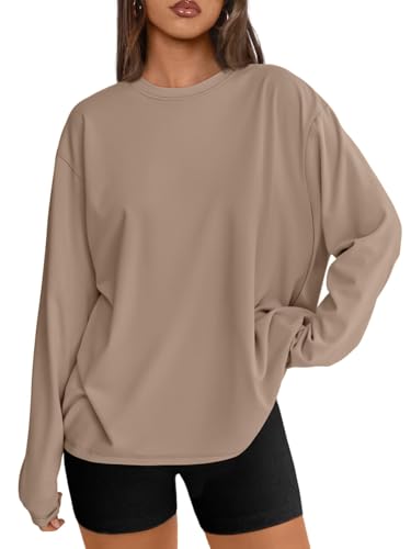 Trendy Queen Womens Spring Tops Oversized Long Sleeve T Shirts 2026 Basic Tee Fall Casual Workout Y2K Clothes Khaki XL