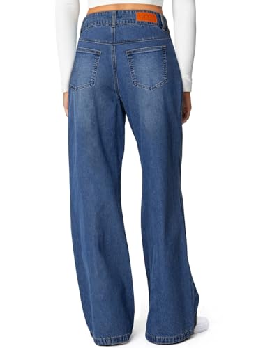 Sidefeel Womens Wide Leg Jeans High Waisted Straight Leg Stretchy Jeans Trendy Seamed Front Loose Denim Pants Blue Size 12