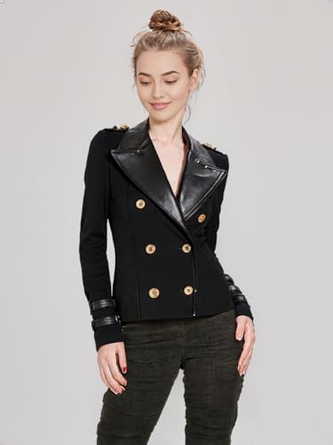THE HUB LEATHER Bellaya Women Designer Fashion Blazar PU Faux wool pea Coat with Notch Collar