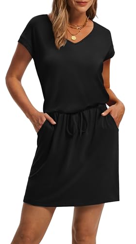 OFEEFAN Black Summer Dresses for Women 2025 Loose V Neck T Shirts Casual Dress Sundresses Tie Front A-Line Dresses XXL