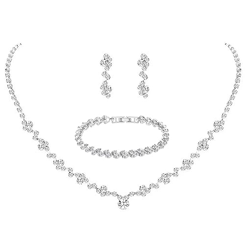 Tatibana Crystal Wedding Jewelry Set, Silver Necklace Earrings, Bracelet Crystal Bridal Wedding Jewelry Sets, For Brides Prom Costume Accessories or Party Accessories