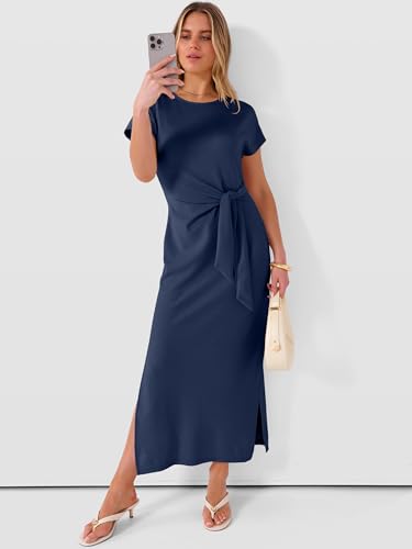 ANRABESS Womens Summer Maxi Dress Casual Crew Neck Tie Waist Split Wrinkle-Free Fit Long Fashion Vacation Dresses 2026 Spring Navy Blue Medium