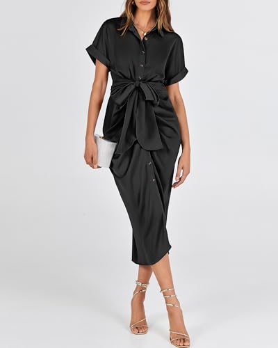 BTFBM Dresses for Women Summer Button Short Sleeve Silk Satin Ruched Spring Maxi Dress 2026 Cocktail Party Wedding(Black, Large)