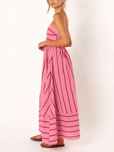 chouyatou Women's Striped Back Smocked Maxi Dress Sexy Spaghetti Strap Cut Out Flowy Swing Long Dress (Medium, Watermelon Red)