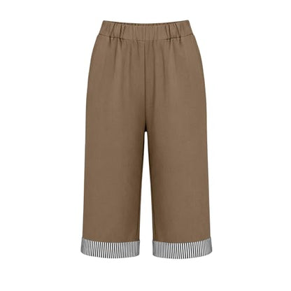 Women Cotton Linen Knee Length Capri Pants Dressy Lightweight Bermuda Shorts Drawstring Beach Vacation Slacks Trousers Brown