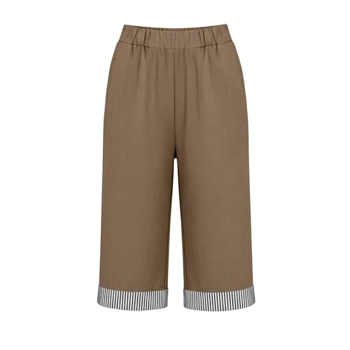 Women Cotton Linen Knee Length Capri Pants Dressy Lightweight Bermuda Shorts Drawstring Beach Vacation Slacks Trousers Brown