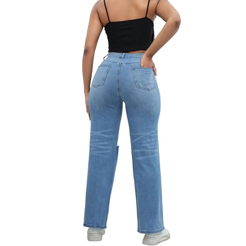 THUNDER STAR Womens High Waisted Wide Leg Jeans Stretchy Distressed Denim Pants Light Blue M