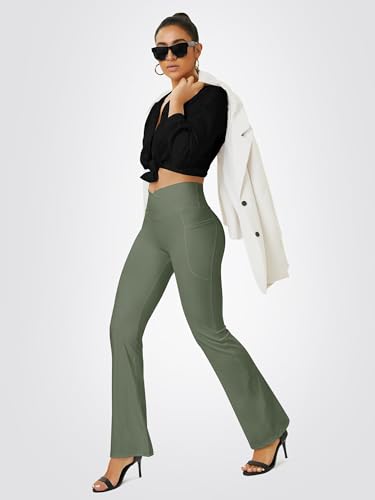 FOHOFO Yoga Pants Women, Flare Leggings for Women with Pockets Crossover High Waisted Bootcut Yoga Pants Army Green