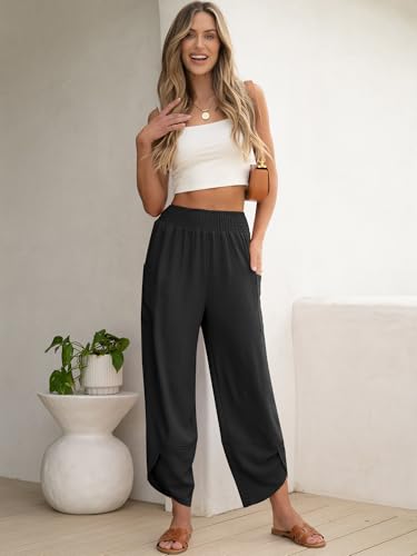 ANRABESS Womens Wide Leg Palazzo Capri Pants 2026 Summer Casual High Waisted Barrel Lounge Flowy Cropped Beach Work Trousers Black Large