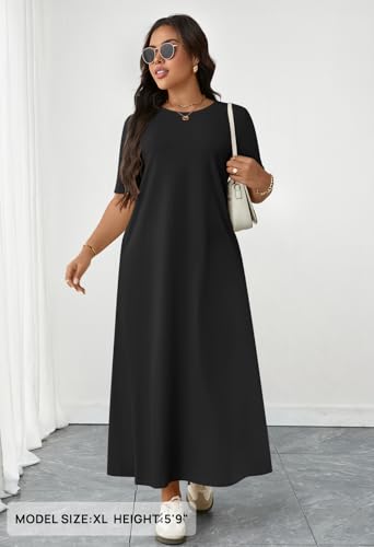 MEROKEETY Summer Casual Maxi Dresses for Women 2026 Vacation Crew Neck Short Sleeve Modest Long T Shirt Dress with Pockets, Black, X-Large
