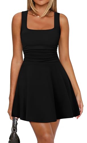 OFEEFAN Dresses for Women Summer Casual Black Dresses for Women Sleeveless Square Neck Fit and Flare Mini Dress M