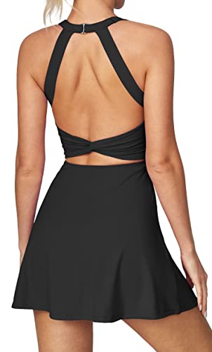 Heathyoga Tennis Dress with Built in Shorts and Bra for Women Summer Cut Out Twisted Golf Workout Athletic Dress Black