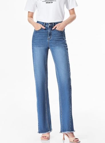 Sidefeel Women's Wide Leg Jeans High Waisted Stretchy Raw Hem Denim Pants Size 12 Blue