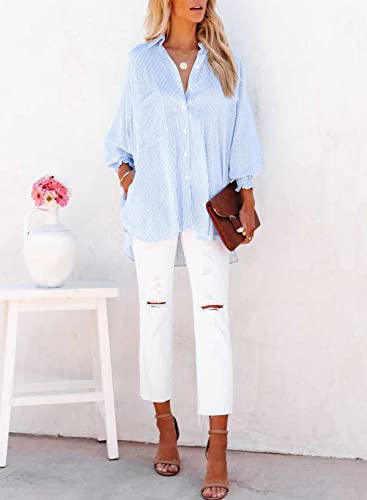 Women's Plus Size Smocked Cuffed Striped Boyfriend Shirt Casual Collar Long Sleeve Blouse Tops for Pocket Shirred Blue