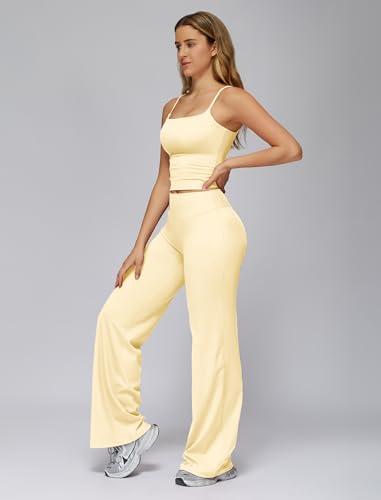 ABOCIW Workout Sets for Women 2 Piece Spaghetti Straps Crop Tank Top with Built in Pads Matching Wide Straight Leg Yoga Pants Leggings Pilates Outfits Gym Activewear Light Yellow X-Small