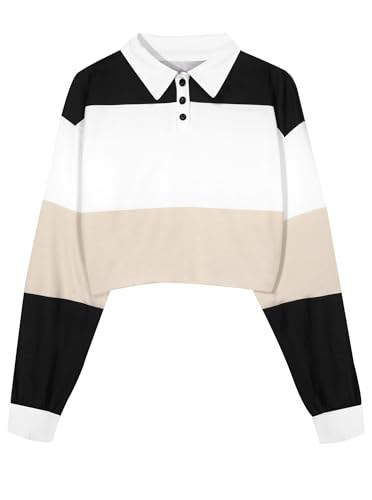 Natalie Winters Dress - Remidoo Women's Collared Half Button Long Sleeve Striped Crop Top Sweatshirt Large Black Apricot