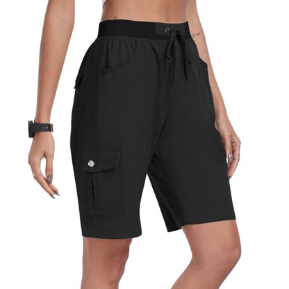Cargo Shorts Women's Drawcord Waist Utility Hiking Bermuda Shorts with Multi Pockets Relaxed Fit Casual Summer Bottoms